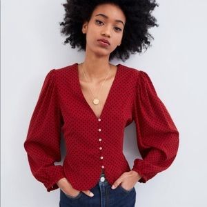 NWOT Zara Polka Dot Shirt Blouse balloon puff sleeve tie back